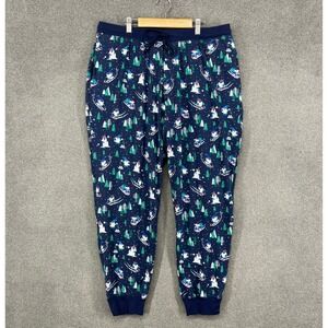 Lands End Gnome Skiing Christmas Pajama Pants Joggers Navy Blue Size‎ L 36 38